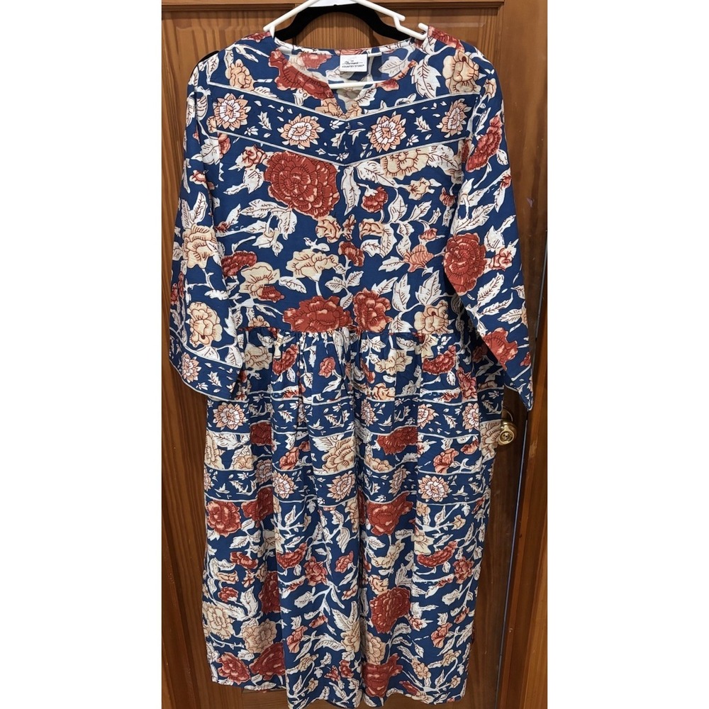 The Vermont Country Store Notch Neckline Cotton Muumuu 3/4 Sleeves Floral Small